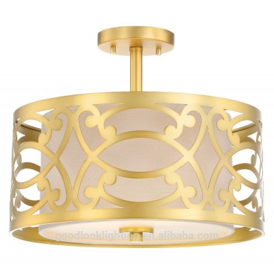 (C)UL&ETL modern natural brass and off-white linen fabric shade semi- flush mount ceiling light/ligh fixture of ceiling