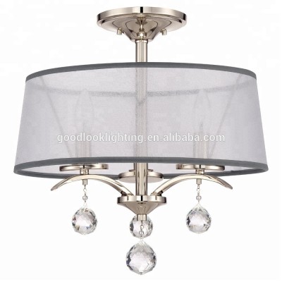 (C)UL&ETL modern semi- flush mount ceiling light/ligh fixture of ceiling and silver organza shade finish and nickel steel